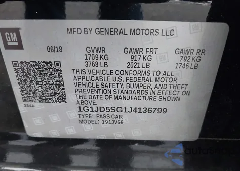 2018 Chevrolet Sonic Lt Auto из США, поврежденный, VIN 1G1JD5SG1J4136799